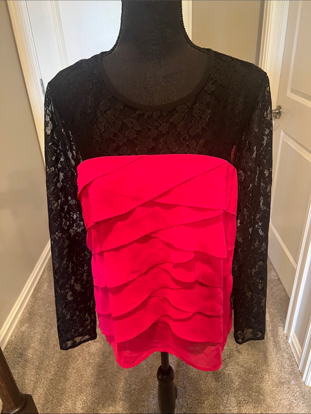 Nicole by Nicole Miller Black Lace Long-Sleeve Top with Bright Pink Ruffle Front